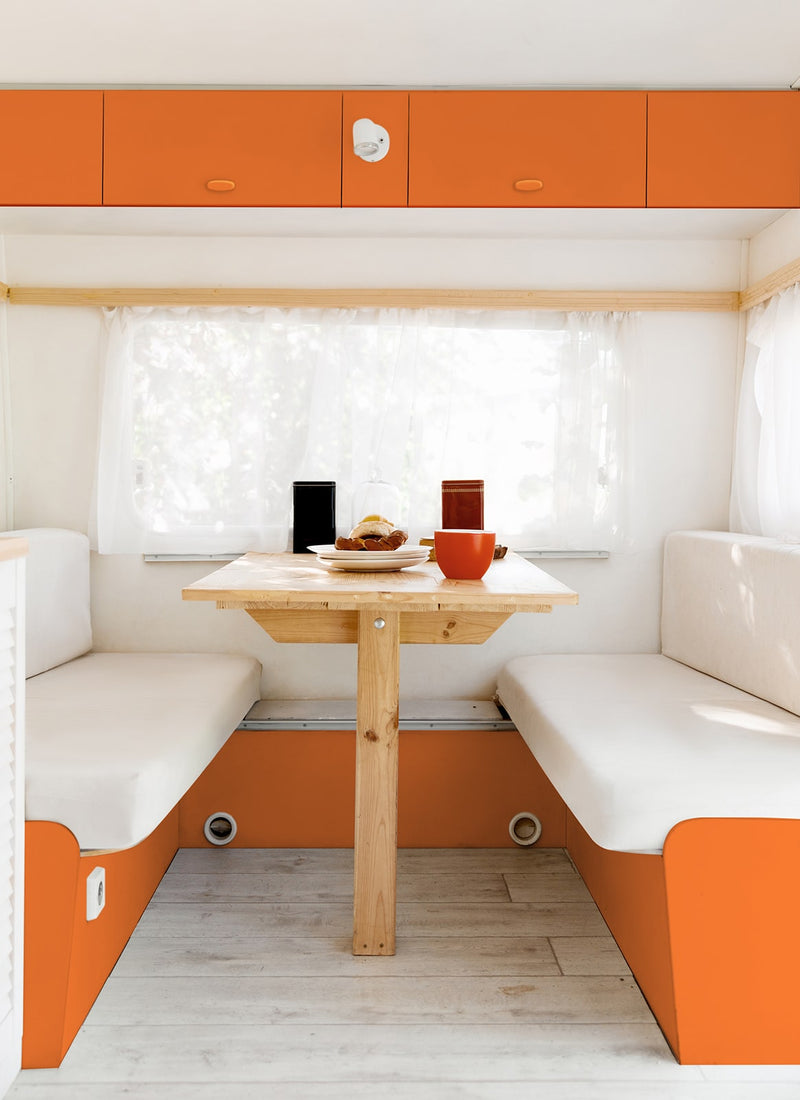 Another caravan interior project using Melbourne plywood supplier Plyco's lightweight 12mm Orange Laminated Poplar Panel without a white background.