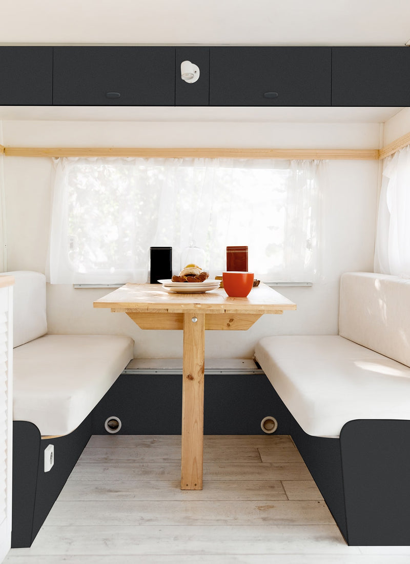 Another caravan interior project using Melbourne plywood supplier Plyco's lightweight 12mm Raven Laminated Poplar Panel without a white background.