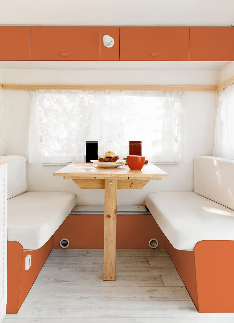 Another caravan interior project using Melbourne plywood supplier Plyco's lightweight 12mm Rust Laminated Poplar Panel without a white background.