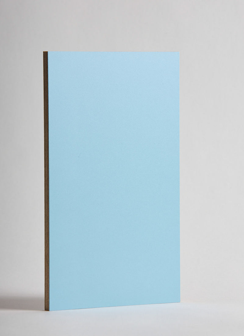 Popular 18mm Sky Blue Laminated Poplar plywood panel on a white background from plywood supplier Plyco