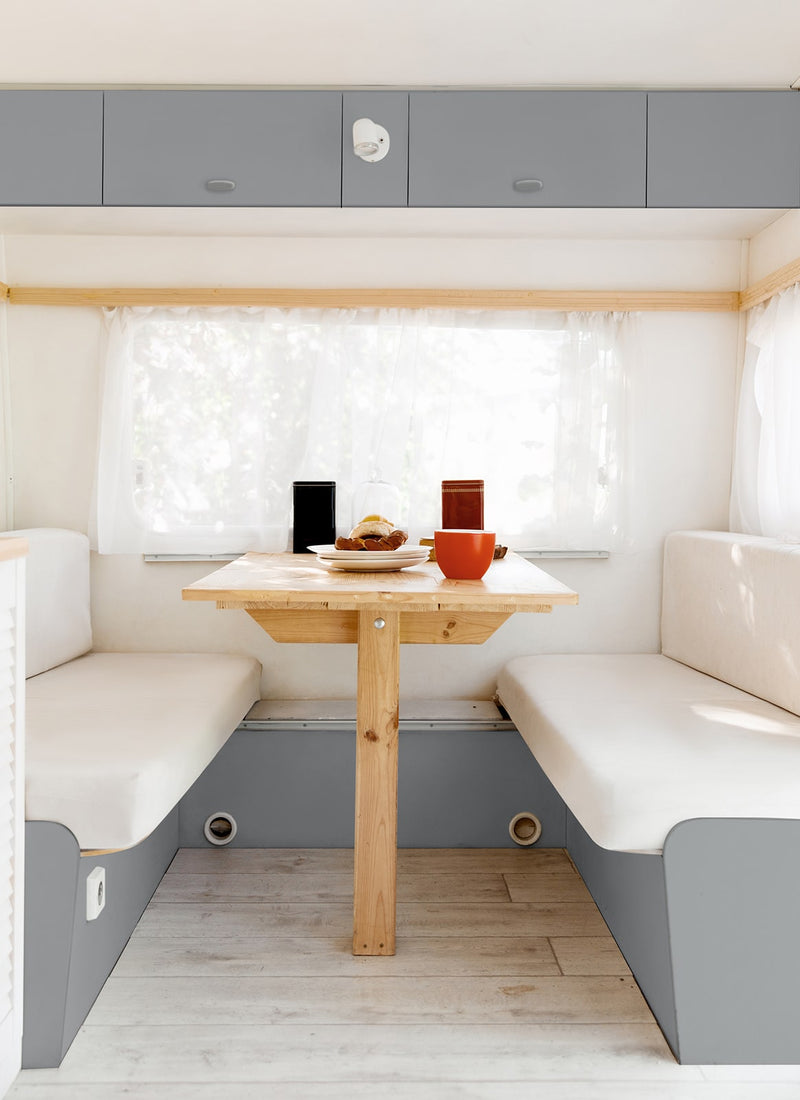 Another caravan interior project using Melbourne plywood supplier Plyco's lightweight 12mm Slate Laminated Poplar Panel without a white background.