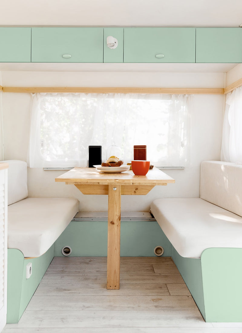 Another caravan interior project using Melbourne plywood supplier Plyco's lightweight 12mm Mint Laminated Poplar Panel without a white background.