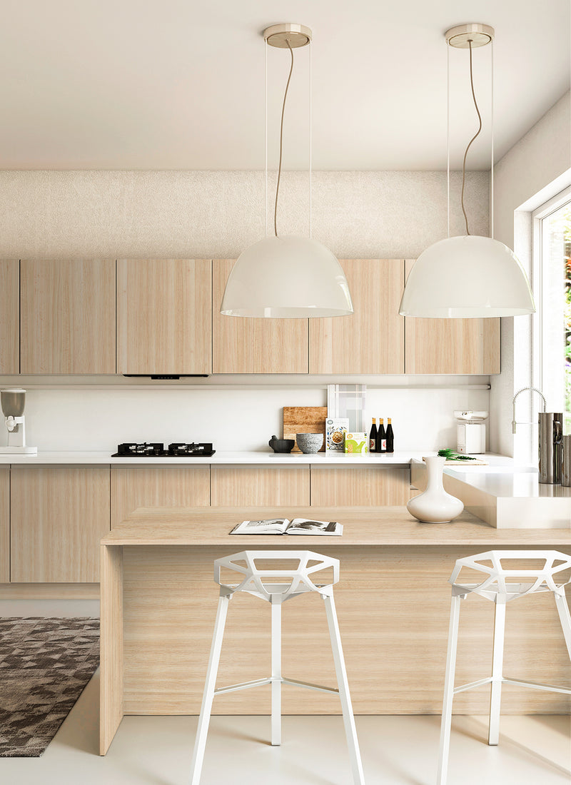 Melbourne kitchen project featuring Plyco's 1mm raw, iron-on Eucalypt veneer laminate on a white background