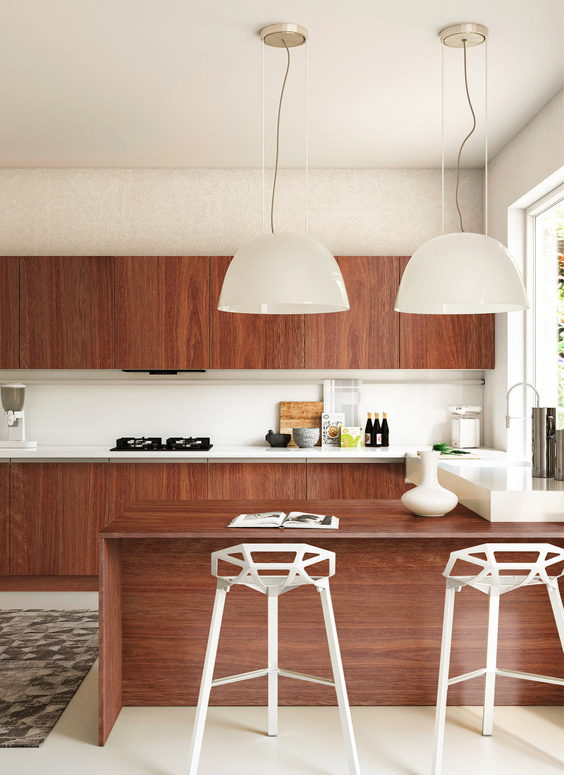Another kitchen featuring Plyco's 1mm raw Jarrah veneer laminate on a white background