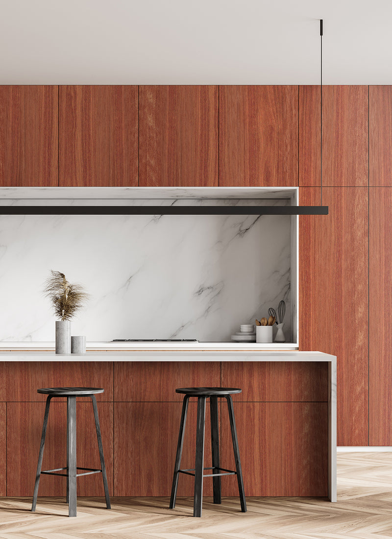 Kitchen featuring Plyco's raw Jarrah veneer laminate on a white background