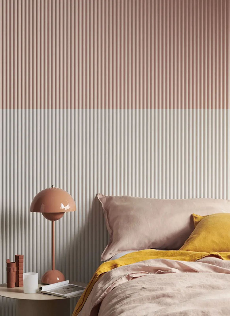 Laminex Surround MDF wall panel Demi Round 20 (Fire Resistant) used in a bedroom not on a white background. Available to buy online from plywood supplier Plyco