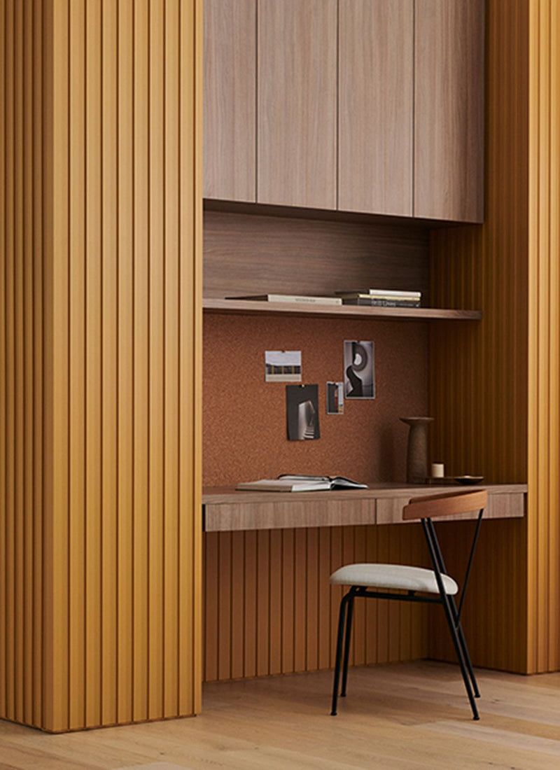 Laminex Surround MDF wall panel French Stripe 30 used in a study area not on a white background. Available to buy online from plywood supplier Plyco