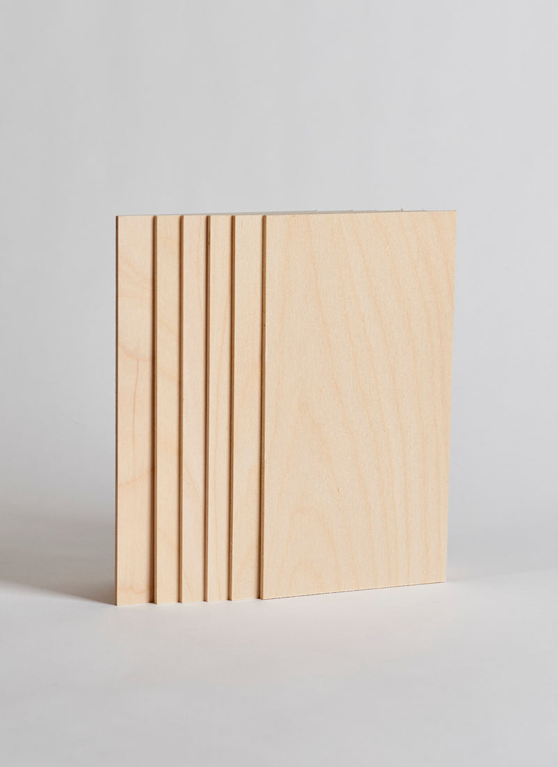 Plyco's 3mm European Birch Laserply Craft Pack, containing six sheets, on a white background