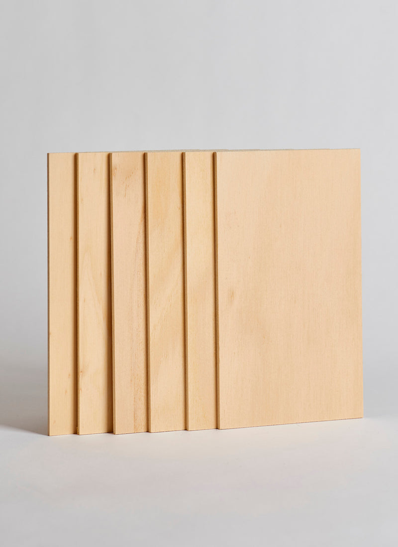 Plyco's 3mm Hoop Pine Laserply Craft Pack, containing six sheets, on a white background