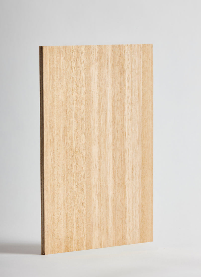 Plyco's Blackbutt timber veneer on Birch 18mm Quadro plywood panel on a white background