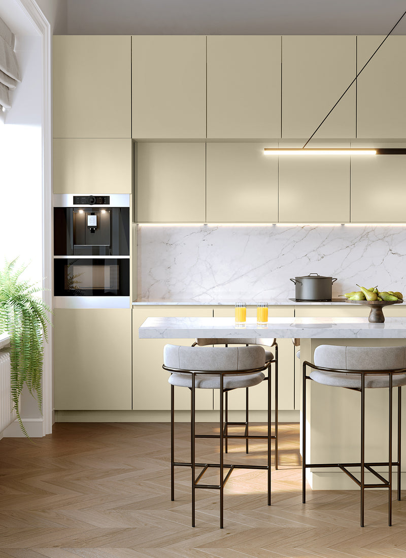 Render of a DIY kitchen featuring Plyco's Porcelain Spotless Laminate not on a white background