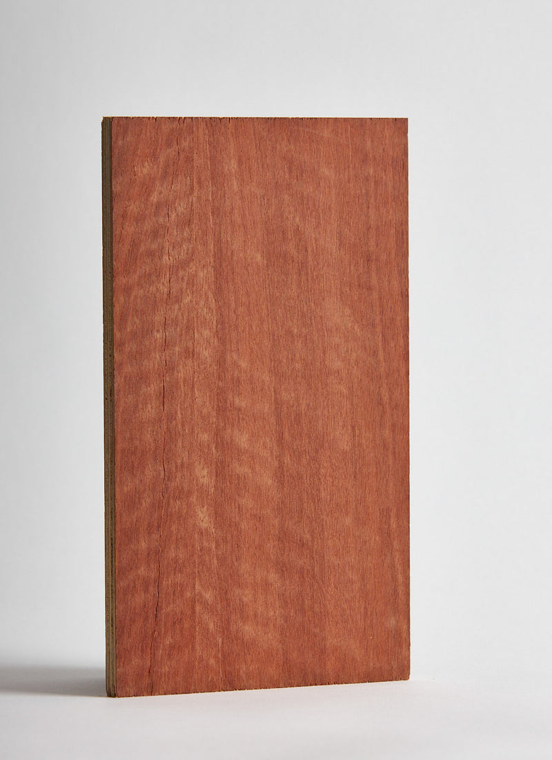 Plyco's Australian Jarrah Strataply pressed on 18mm Birch Plywood on a white background