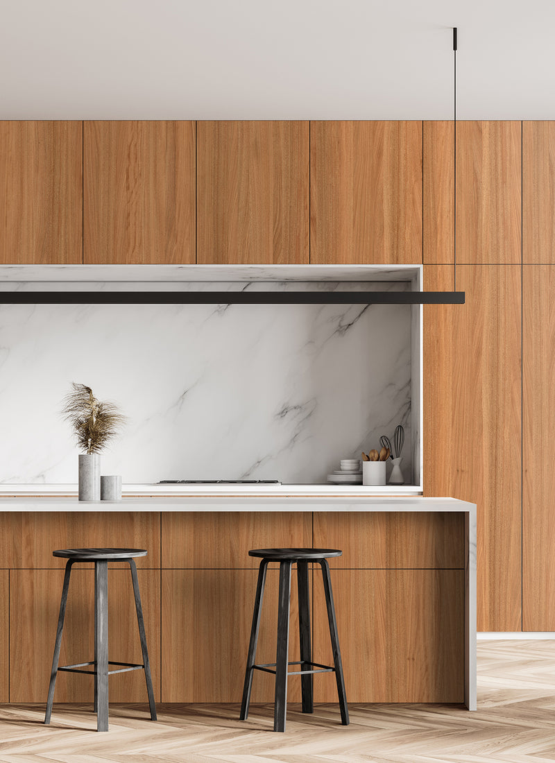 Another render showcasing Melbourne plywood supplier Plyco's 3mm Sapele Veneered MDF in a kitchen renovation without a white background