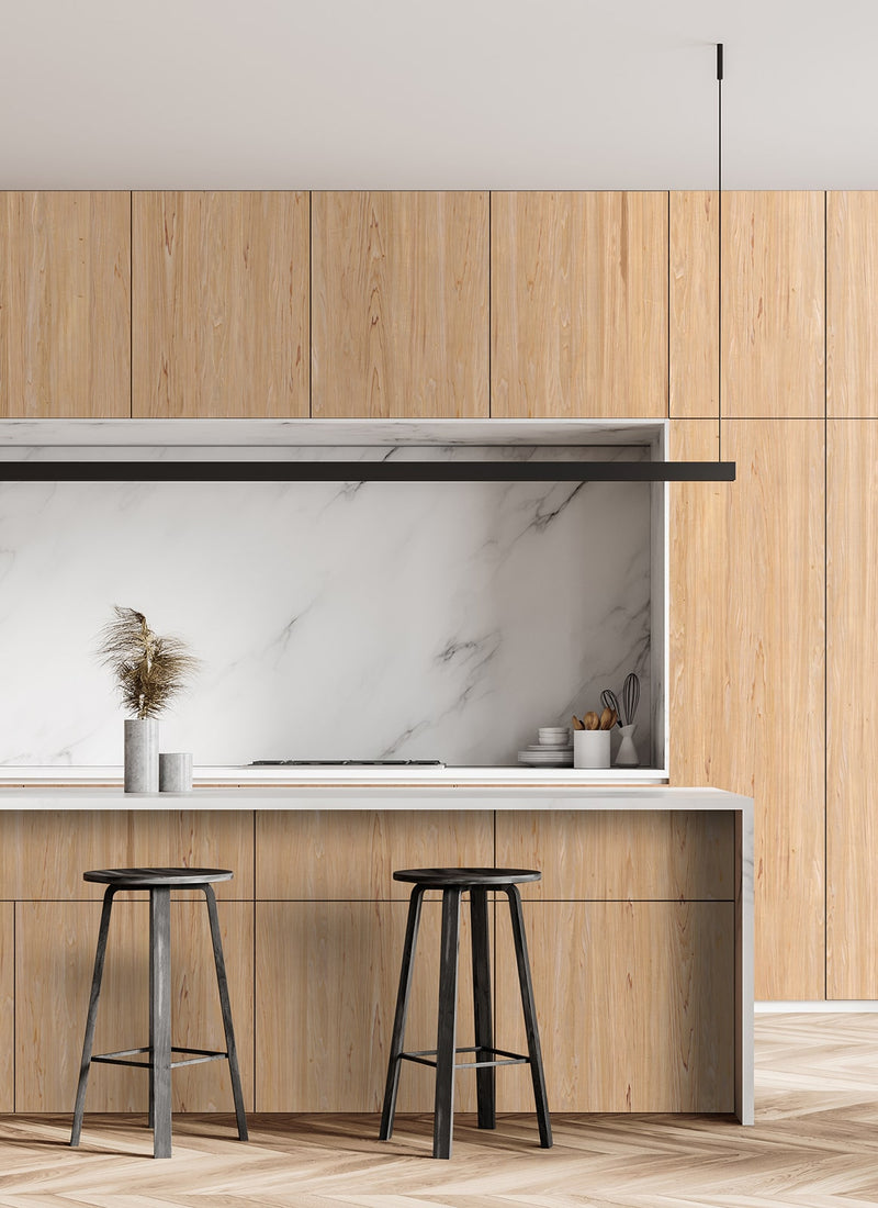 Melbourne kitchen featuring Plyco's 0.6mm Blackwood Wide Leaf Veneer used for cabinetry and benchtops. Photo without a white background.