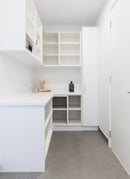 Melbourne plywood supplier Plyco's 18mm White Melamine MDF used as cabinetry in a kitchen joinery project with a white background